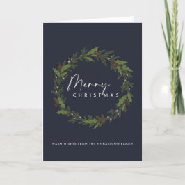 MODERN NAVY ELEGANT HOLLY BERRY WREATH CHRISTMAS KARTE