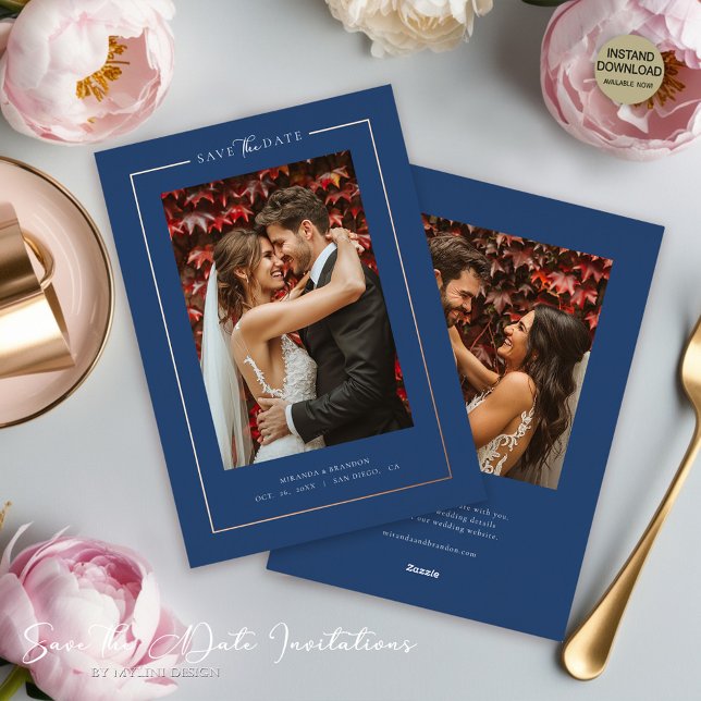 Modern Navy Elegant Photo Wedding Save the Date Folieneinladung (Von Creator hochgeladen)