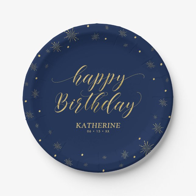 Modern Navy & Gold Sparkle Happy Birthday Party Pappteller (Vorderseite)