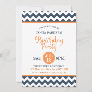 Modern Navy Orange Zickzack Birthday Party Einladung