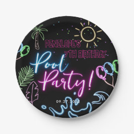 Modern Neon Glow Black Pool Party Birthday Pappteller