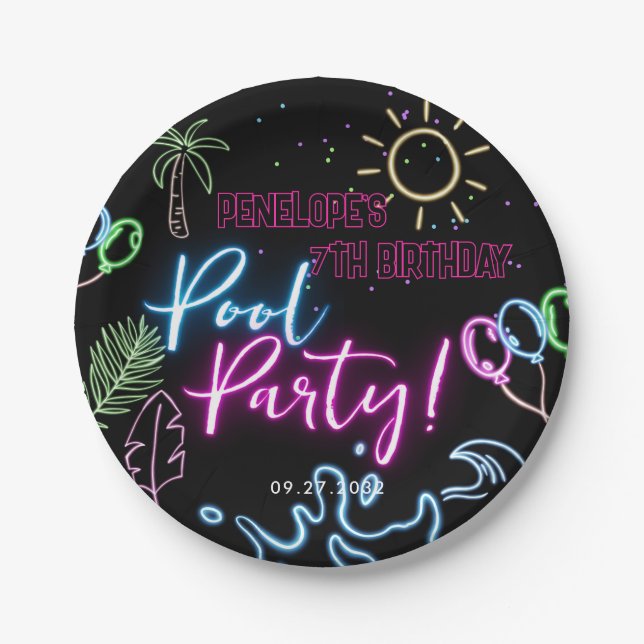 Modern Neon Glow Black Pool Party Birthday Pappteller (Vorderseite)