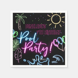 Modern Neon Glow Black Pool Party Birthday Serviette