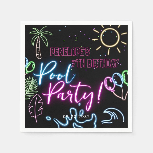 Modern Neon Glow Black Pool Party Birthday Serviette (Vorderseite)