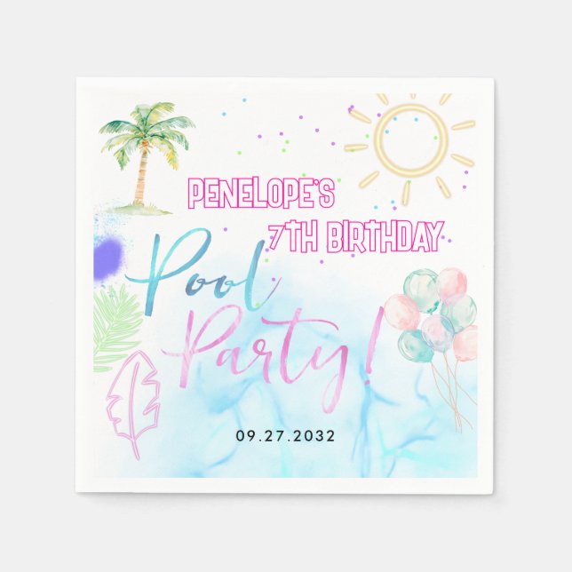 Modern Neon Glow Watercolor Pool Party Birthday Serviette (Vorderseite)