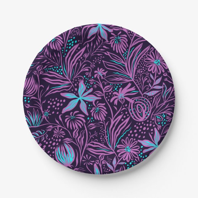 Modern Neon Purple Floral Pattern Pappteller (Vorderseite)