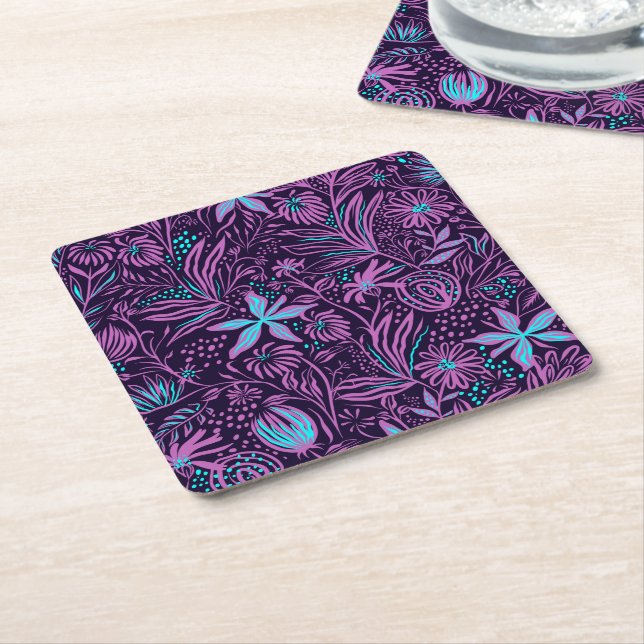 Modern Neon Purple Floral Pattern Rechteckiger Pappuntersetzer (angewinkelt)