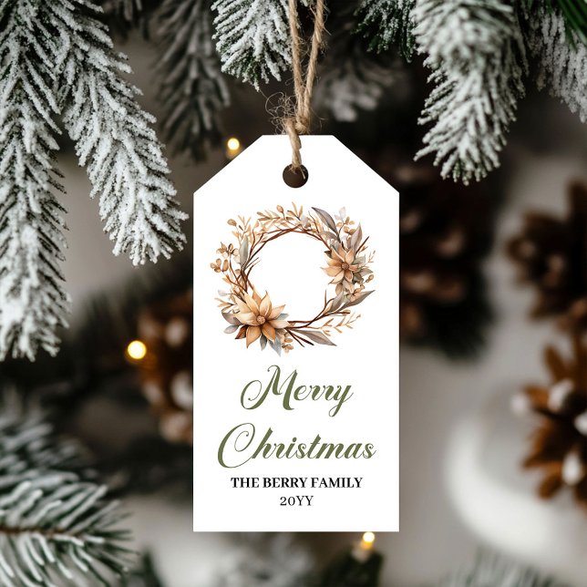 Modern Neutral Sage Green Wreath Holiday Tag Geschenkanhänger (Elegant Earthy Colors Christmas Tree Gift Template)