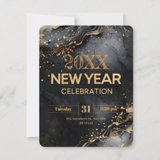 Modern New Year with Black Marble and Gold Swirls Einladung