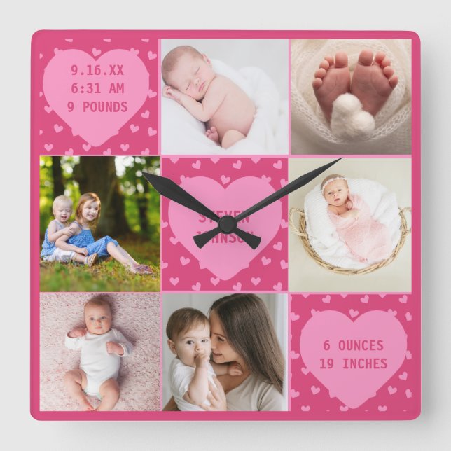 Modern Newborn Baby Personalized 6 Photo Collage  Quadratische Wanduhr (Vorderseite)