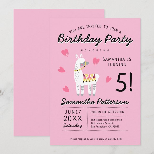 Modern Niedliches Party Llama Geburtstag Einladung (Vorne/Hinten)