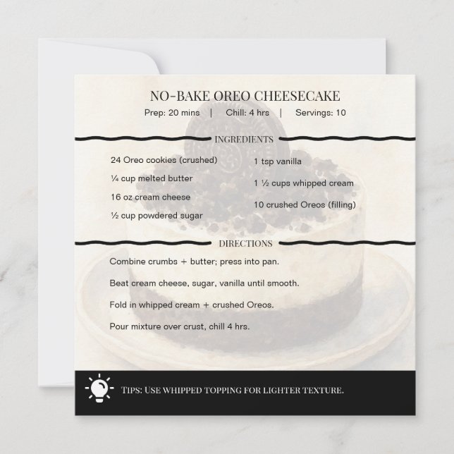 Modern No-Bake Oreo Cheesecake Recipe Card (Vorderseite)