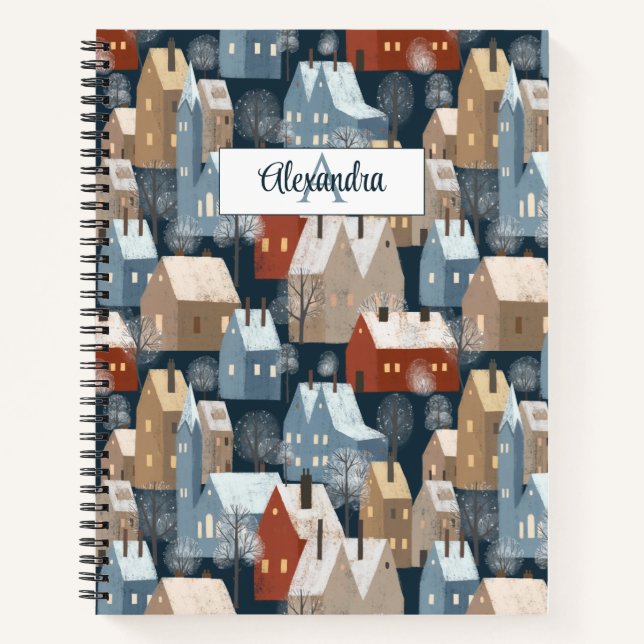 Modern Nordic Cosy Winter Town Muster Monogram Notizbuch (Vorderseite)
