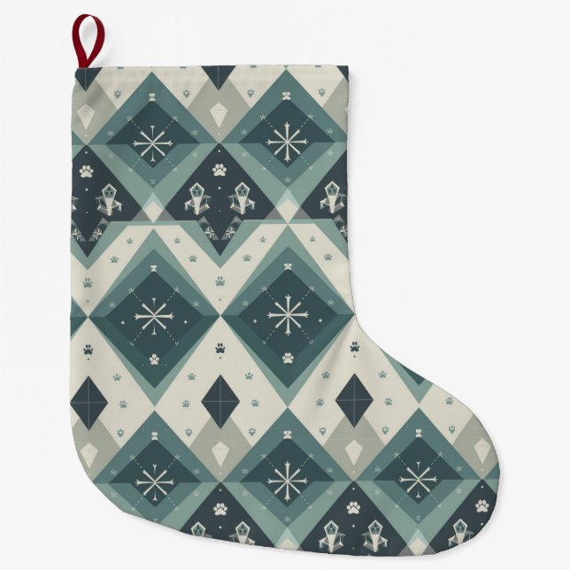 Modern Nordic Geometric Pet Stocking with Snow Großer Weihnachtsstrumpf (Vorderseite)