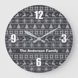 Modern Nordic Knit Ugly Sweater Chalkboard Name Große Wanduhr