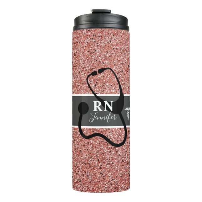 Modern Nurse Rose Gold Glitzer Personalisiert Thermosbecher (Vorderseite)