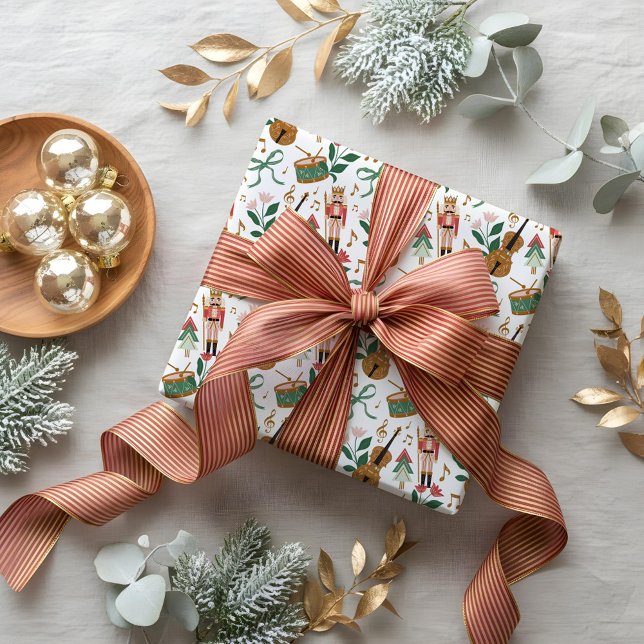 Modern Nutcracker Christmas Bow Ribbon Music Geschenkpapier (Modern Nutcracker Christmas Bow Ribbon Music Wrapping Paper)