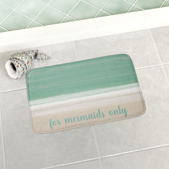 Modern Ocean Beach For Mermaids Only Badematte (A turquoise and sand bath mat with coastal vibes. Add text or name. Available in 3 sizes - S, M & L)