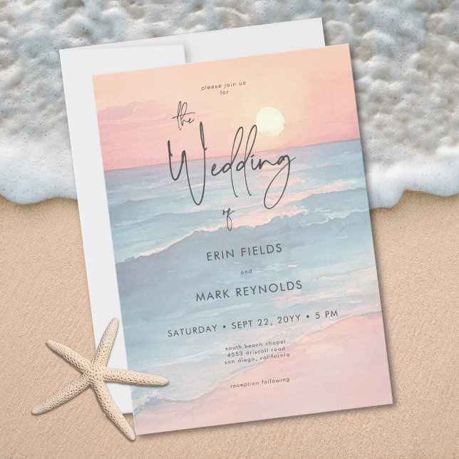 Modern Ocean Sunset Watercolor Beach Wedding Einladung (Modern Ocean Sunset Watercolor Beach Wedding Invitation)