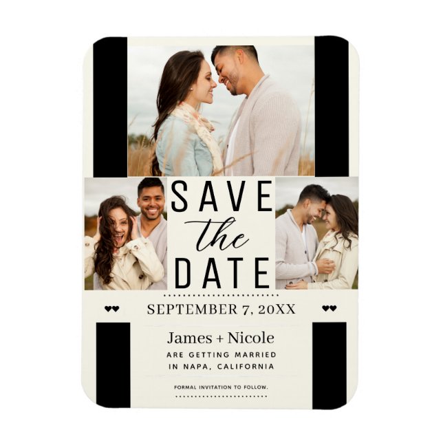 Modern Off White Save the Date 3 Foto Hochzeit Magnet (Vertikal)