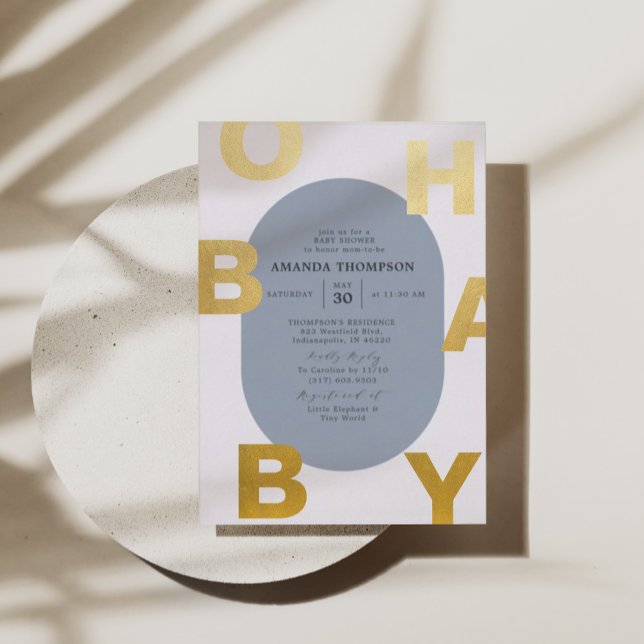 Modern Oh Baby Blue Boy Baby Dusche Gold Folieneinladung (Von Creator hochgeladen)