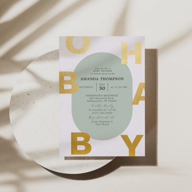 Modern Oh Baby Green Neutral Baby Dusche Gold Folieneinladung (Von Creator hochgeladen)