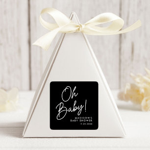 Modern Oh Baby Script Black und White Baby Dusche Quadratischer Aufkleber