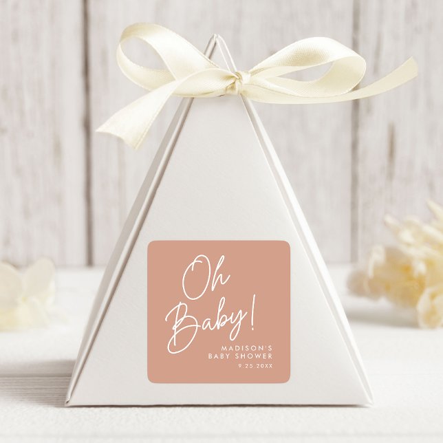 Modern Oh Baby Script Blush Terracotta Babydusche Quadratischer Aufkleber (Von Creator hochgeladen)