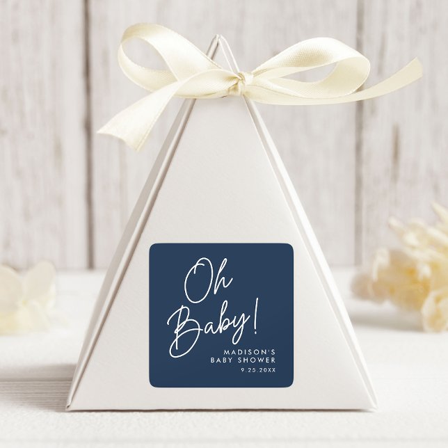 Modern Oh Baby Script Navy Baby Dusche Quadratischer Aufkleber (Von Creator hochgeladen)