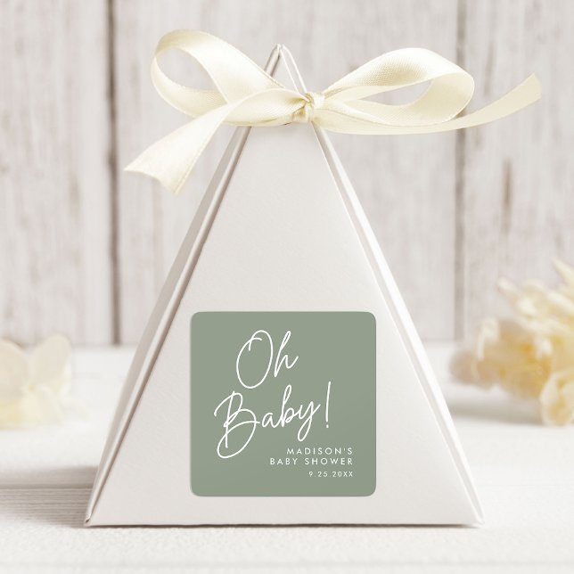 Modern Oh Baby Script Sage Green Baby Dusche Quadratischer Aufkleber (Von Creator hochgeladen)