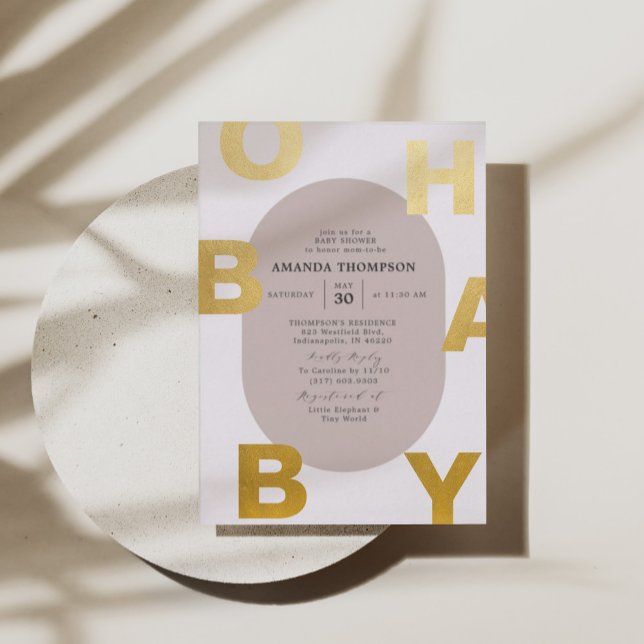 Modern Oh Baby Taupe Neutral Baby Dusche Gold Folieneinladung (Von Creator hochgeladen)