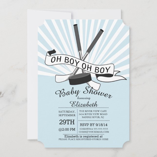 Modern Oh Boy Hockey Boys Baby Dusche Einladung (Vorderseite)