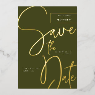 Modern Olive Green Calligraphy Save the Date Folieneinladung
