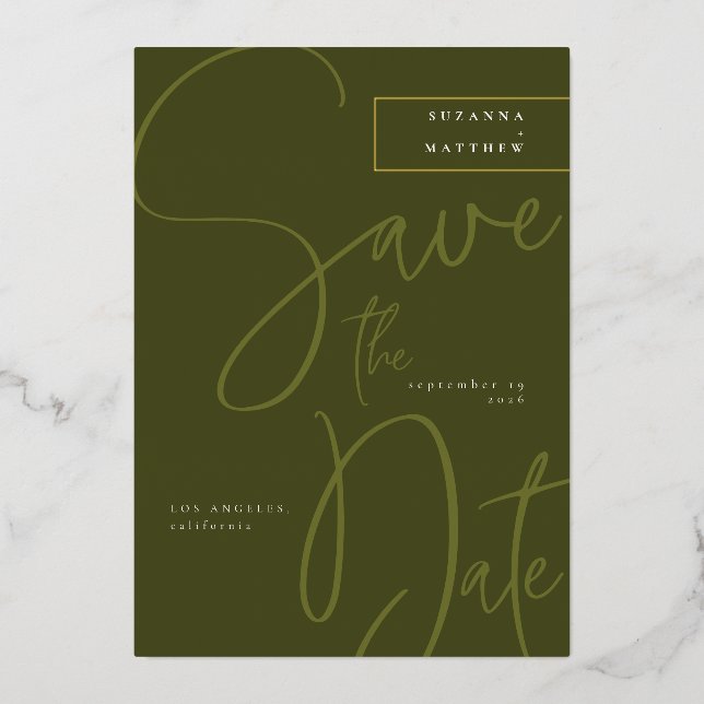 Modern Olive Green Calligraphy Save the Date Folieneinladung (Vorderseite)
