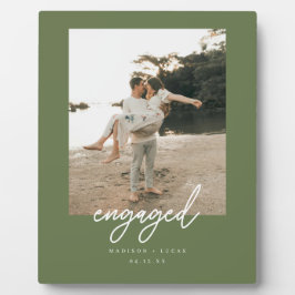 Modern Olive Green "Engaged" Script Photo Fotoplatte