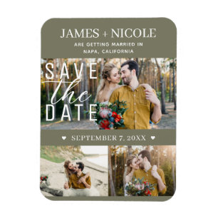 Modern Olive Green Save the Date Hochzeit 3 Fotos Magnet