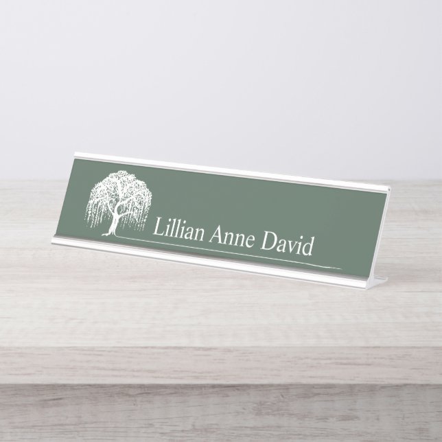 Modern Olive Green Willow Tree Logo Personalisiert Schreibtischnamensplakette (Vorderseite )