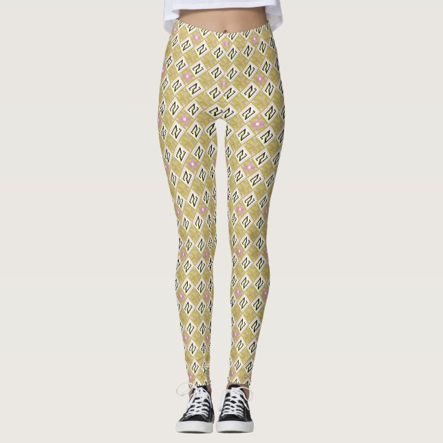 Modern Olive & Magenta Geometric Tribal Pattern Leggings (Vorderseite)
