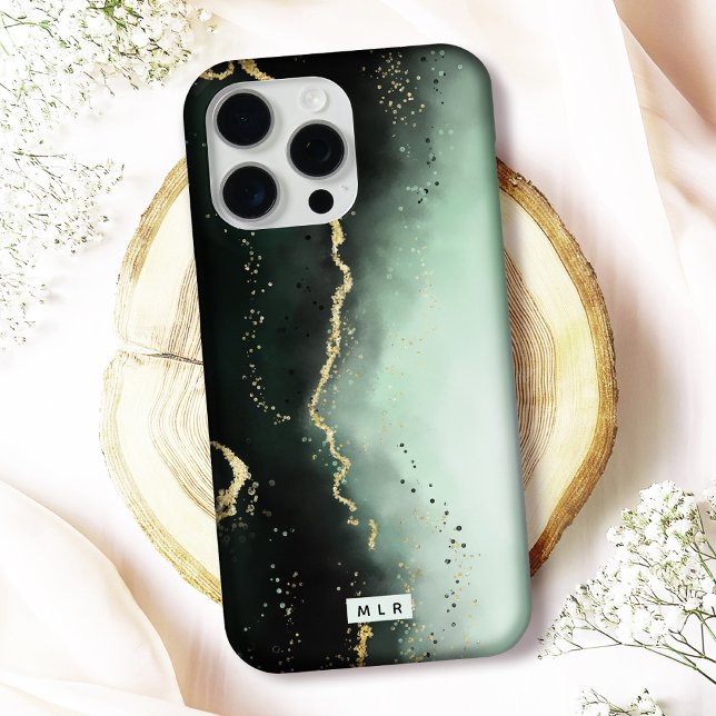 Modern Ombre Dusty Green & Gold Moody Monogram Case-Mate iPhone Hülle (Protect your phone in style with this elegant "Ethereal Mist" monogrammed iPhone case)