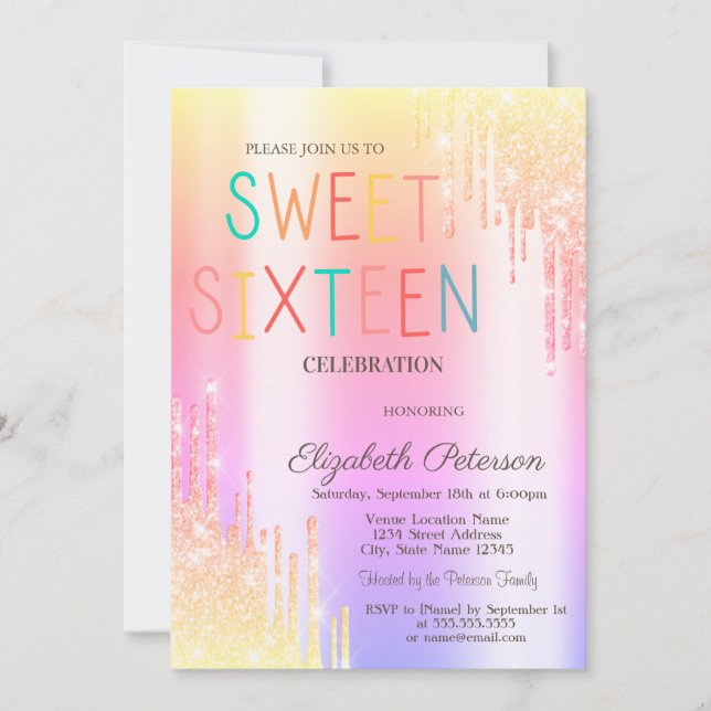Modern Ombre Glitter Drips Colorful Sweet 16 Einladung (Vorderseite)