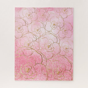 Modern Ombre Pink Aquarell Gold Rose Floral Puzzle