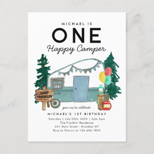 Modern One Happy Camper Trees Camping 1. Geburtsta Postkarte
