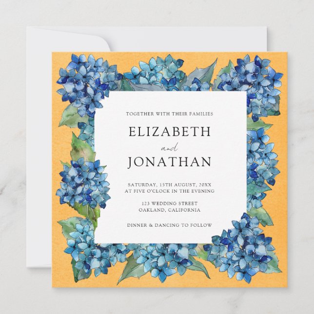 Modern Orange Blue Hydrangeas Watercolor Wedding Einladung (Vorderseite)
