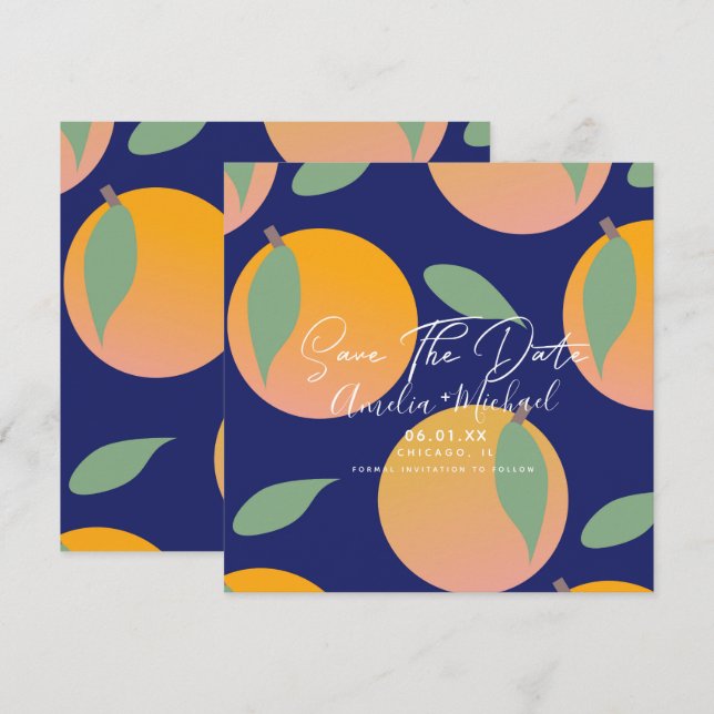 Modern Orange Botanical Blue Save the Date Karte (Vorne/Hinten)