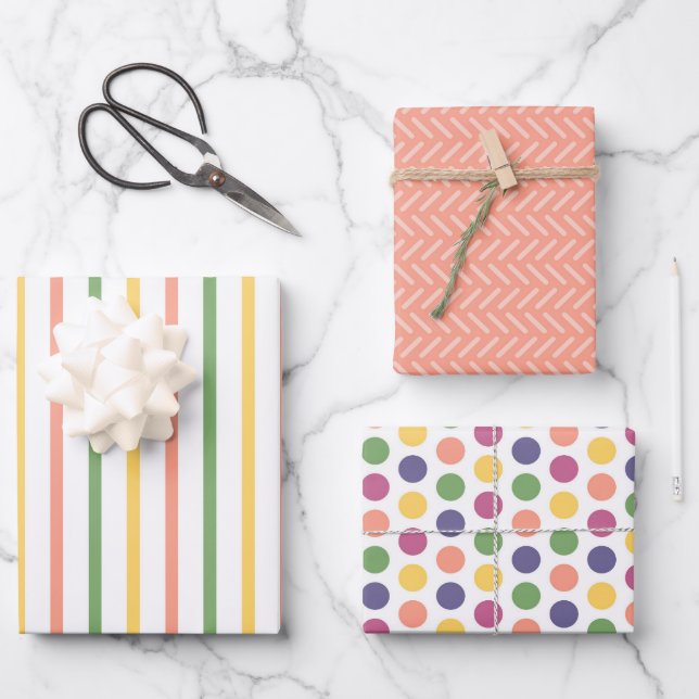 Modern Orange, Green, Yellow Stripes and Polka Dot Geschenkpapier Set (Vorderseite)