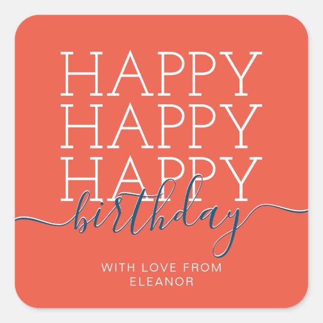 Modern orange Happy Birthday Quadratischer Aufkleber (Vorderseite)