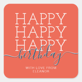 Modern orange Happy Birthday Quadratischer Aufkleber