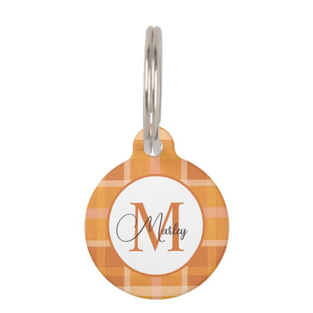 Modern Orange Kariert Monogram Name Custom Haustiermarke (Vorderseite)
