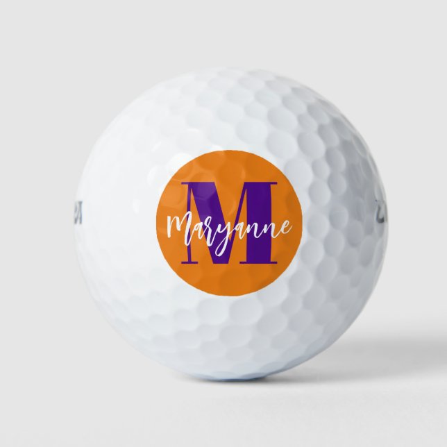 Modern Orange Lila Script Monogram Initial Golfball (Vorderseite)