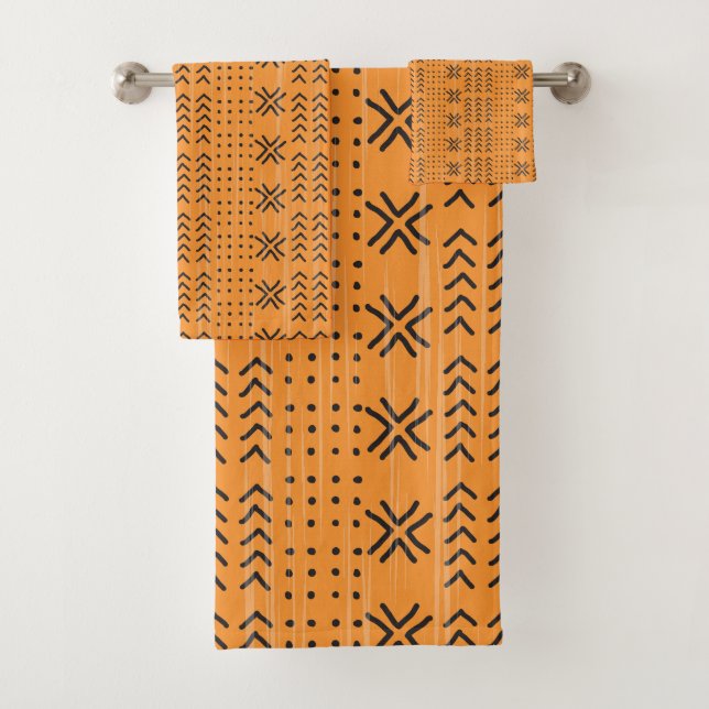Modern Orange Mudcloth African Pattern Badhandtuch Set (Insitu)